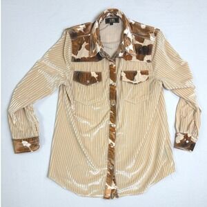 L&B Lucky & Blessed Cow Print Pleated Velvet Western Pearl Snap Shirt Tan Small
